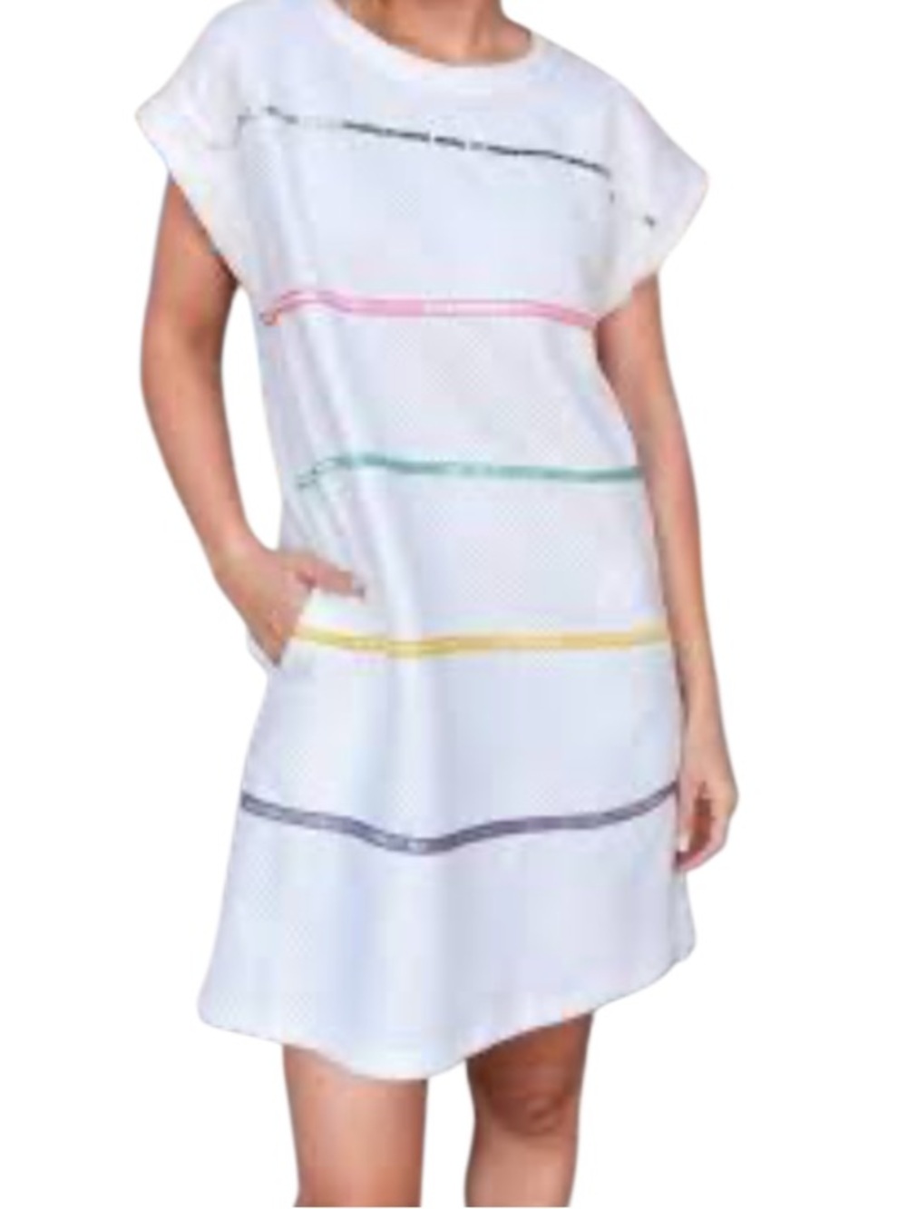 ENTRO textured White Short Sleeve Shift Dress with Multicolor Stripes. Size L